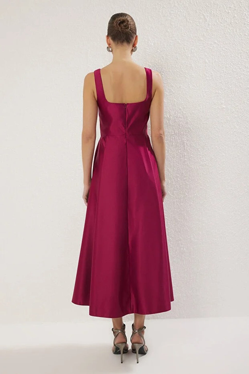 Square Neck Thick Strap A-Line Satin Maxi Dress