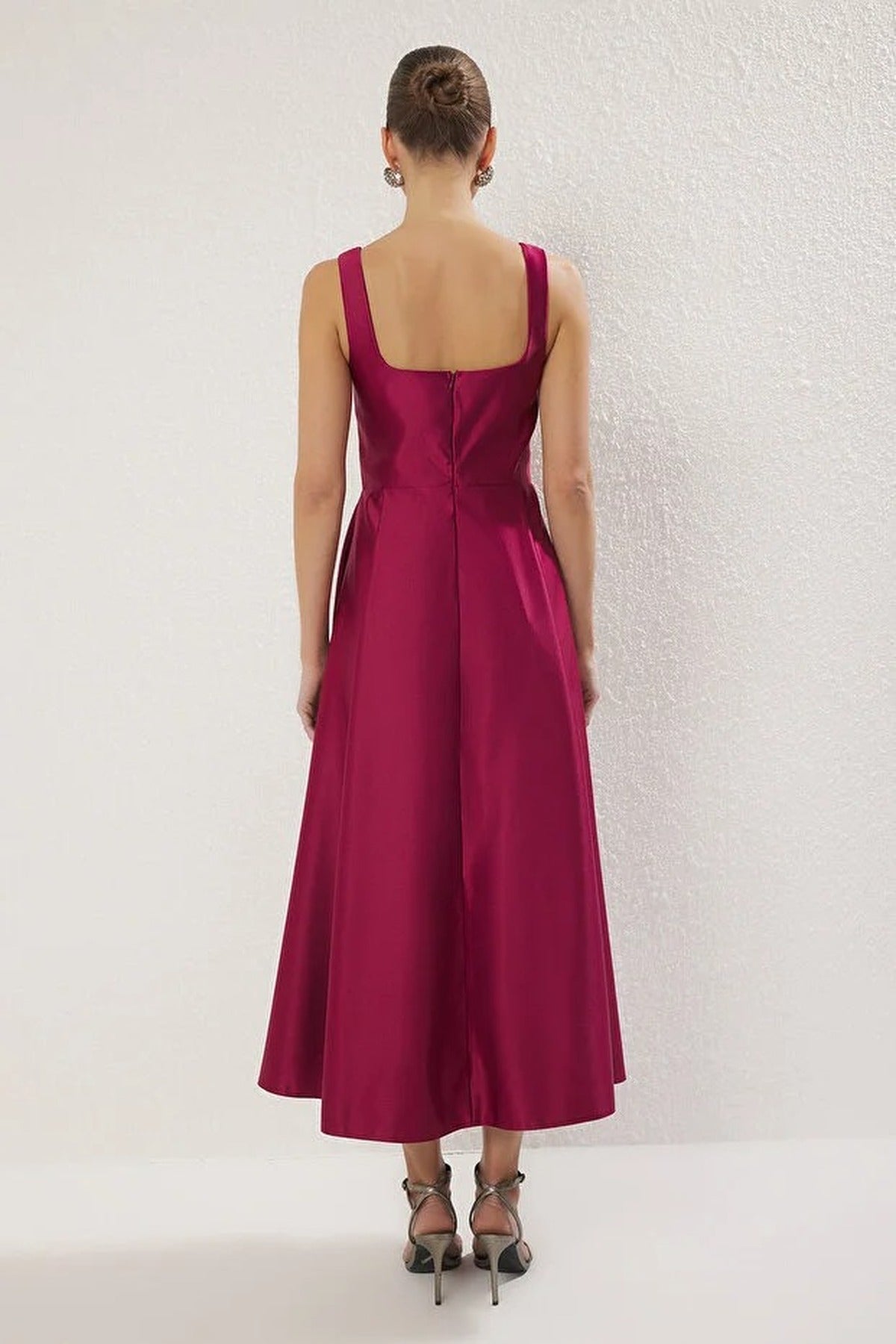 Square Neck Thick Strap A-Line Satin Maxi Dress