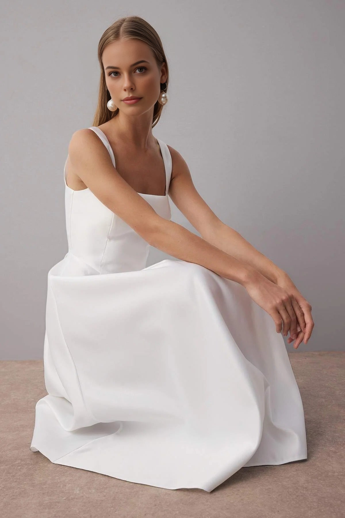 Square Neck Thick Strap A-Line Satin Maxi Dress