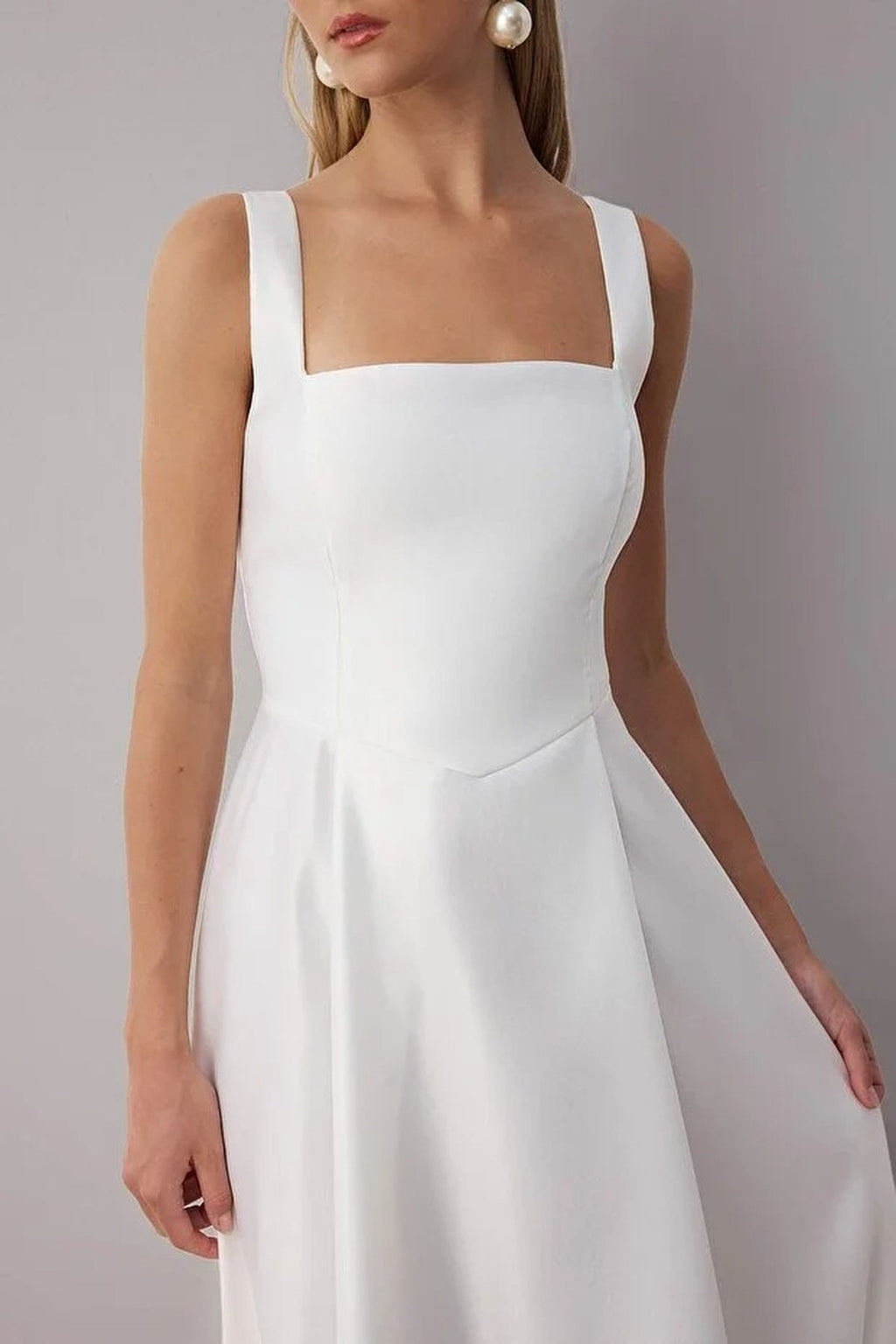 Square Neck Thick Strap A-Line Satin Maxi Dress