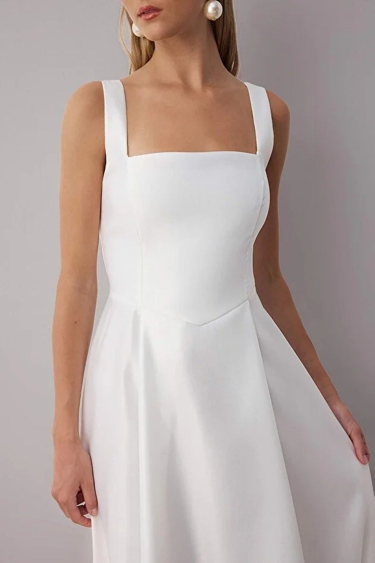 Square Neck Thick Strap A-Line Satin Maxi Dress