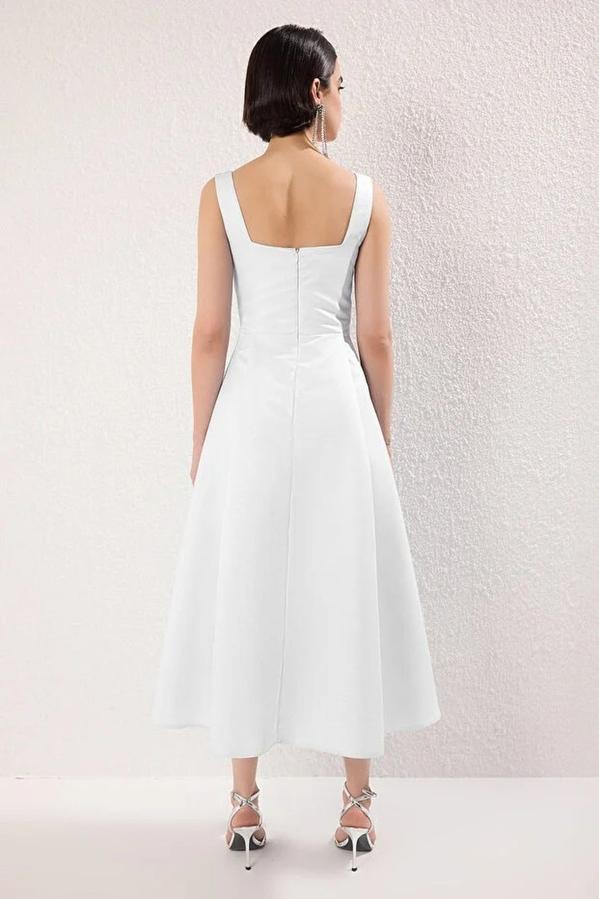 Square Neck Thick Strap A-Line Satin Maxi Dress