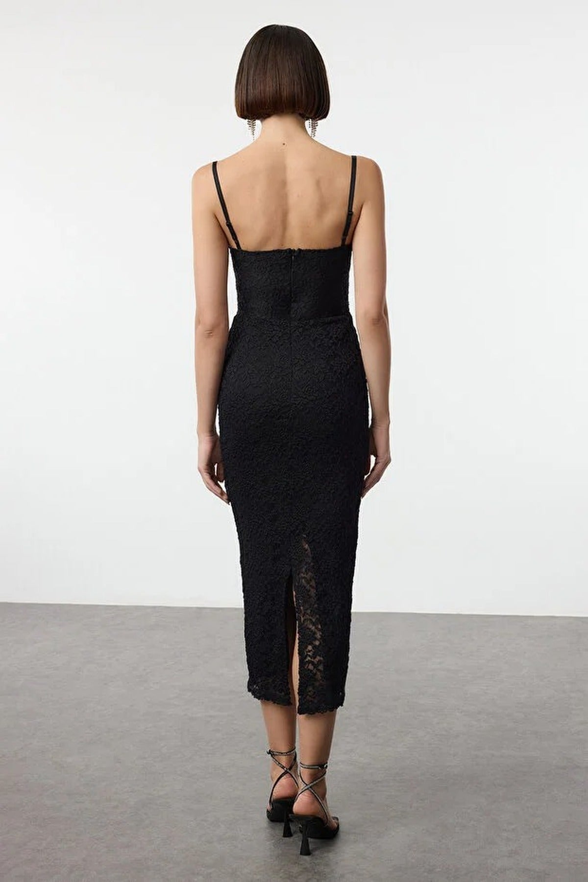 Lined Lace Knit Midi Evening Dress