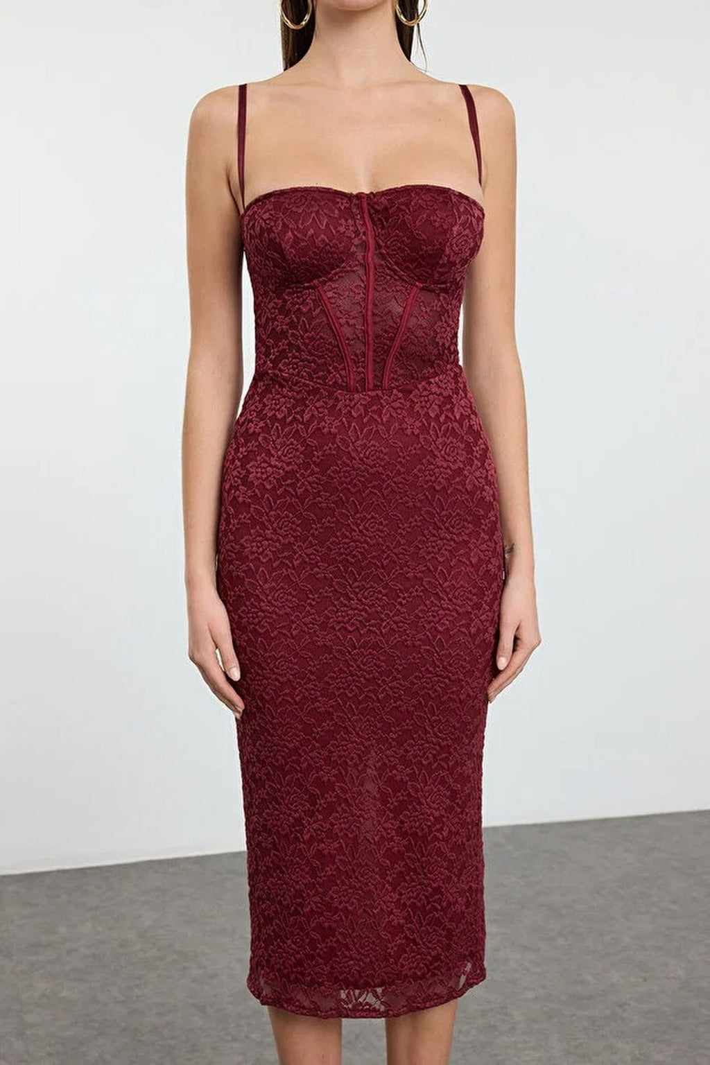 Lined Lace Knit Midi Evening Dress
