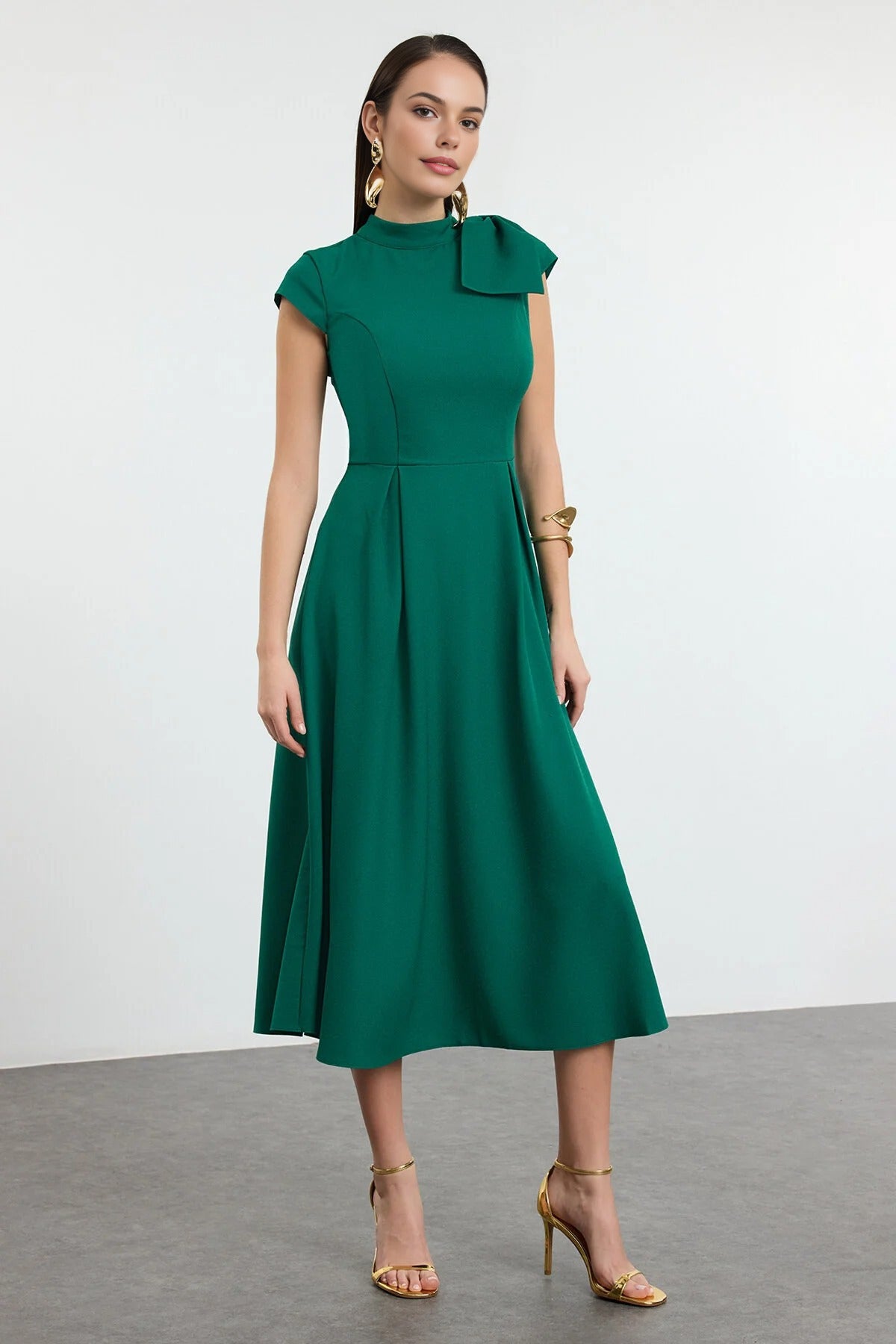 High Neck Pleated Midi Dress with Bow Detail