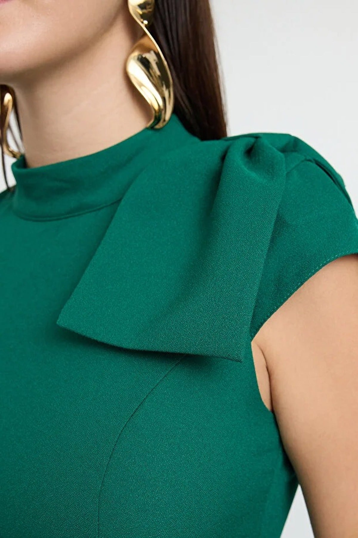 High Neck Pleated Midi Dress with Bow Detail
