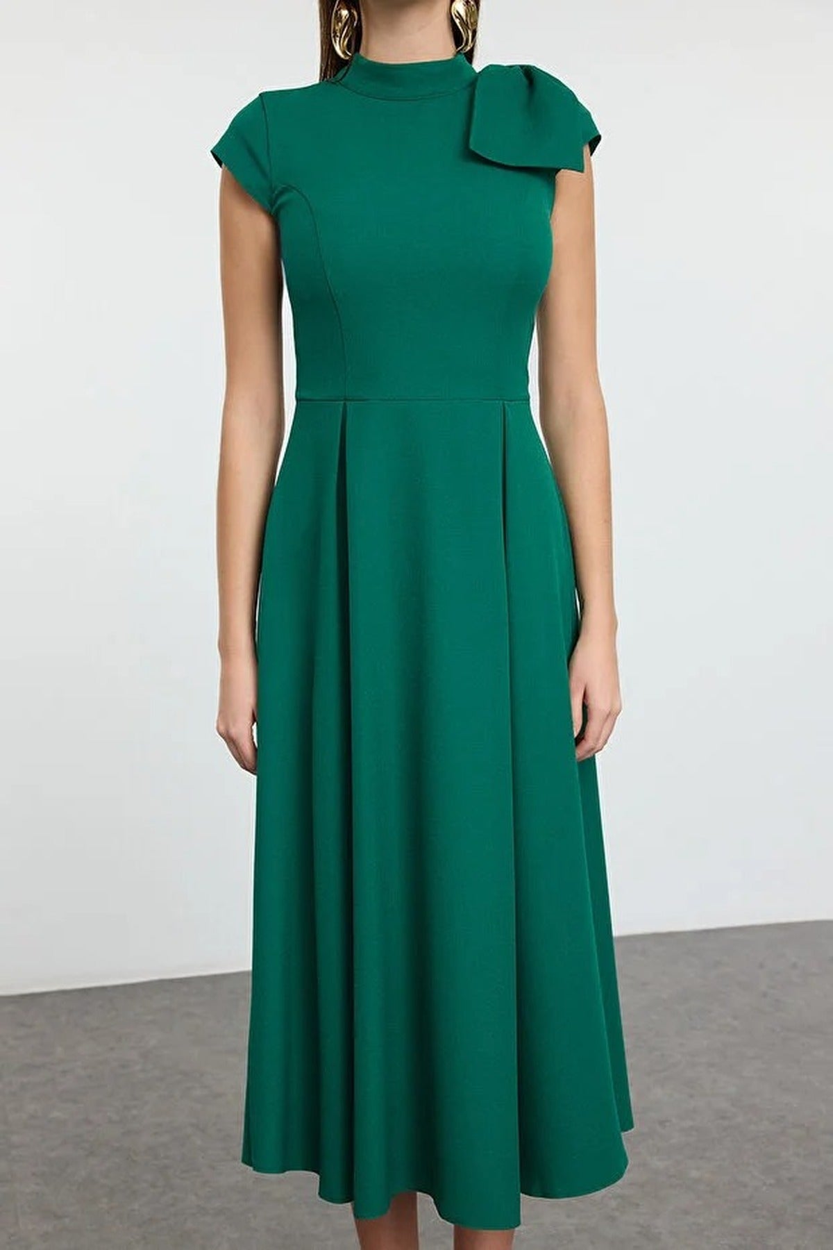 High Neck Pleated Midi Dress with Bow Detail