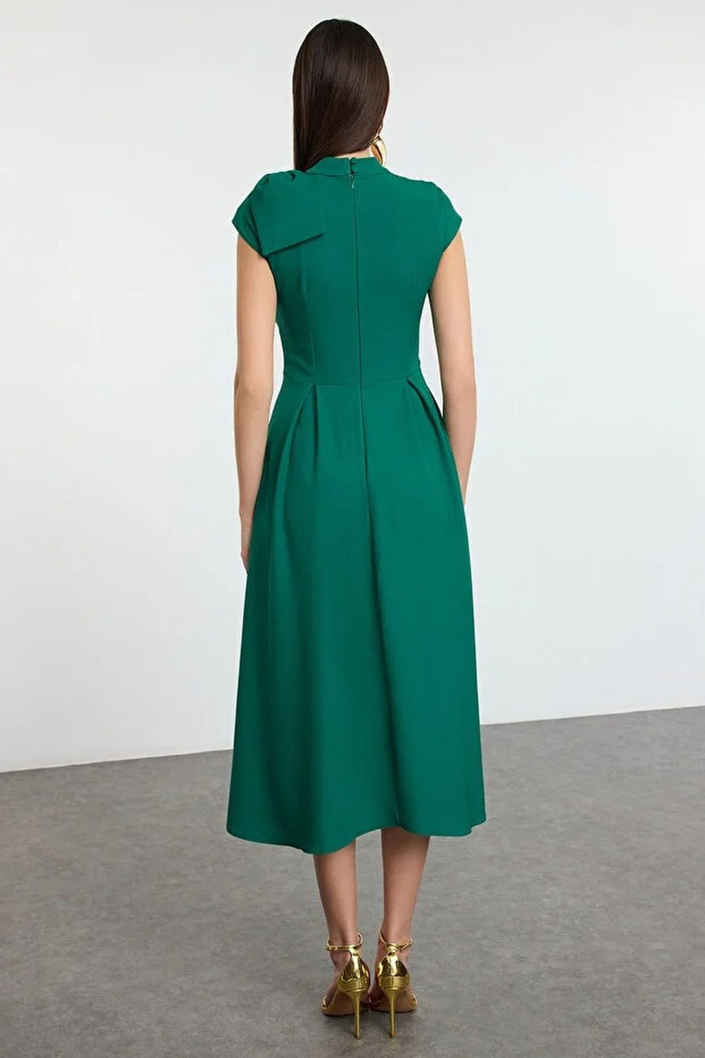 High Neck Pleated Midi Dress with Bow Detail