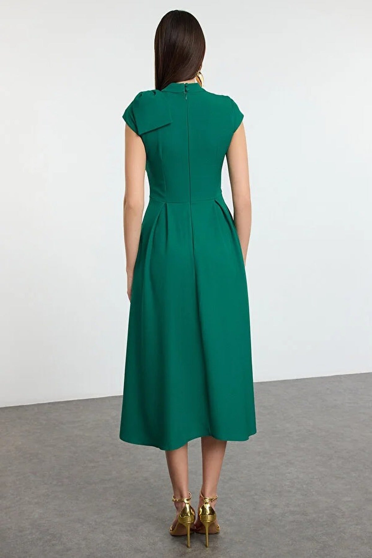 High Neck Pleated Midi Dress with Bow Detail