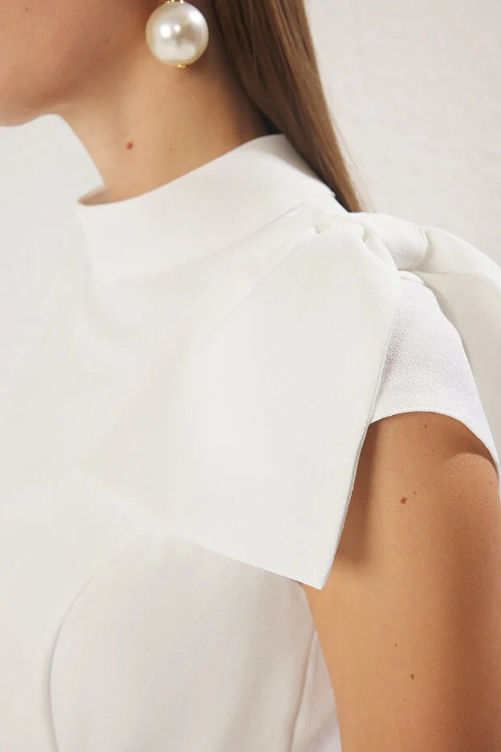 High Neck Pleated Midi Dress with Bow Detail