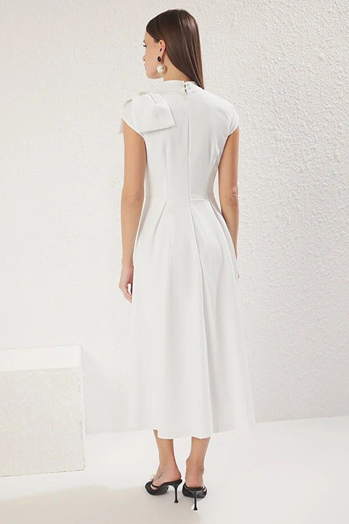 High Neck Pleated Midi Dress with Bow Detail