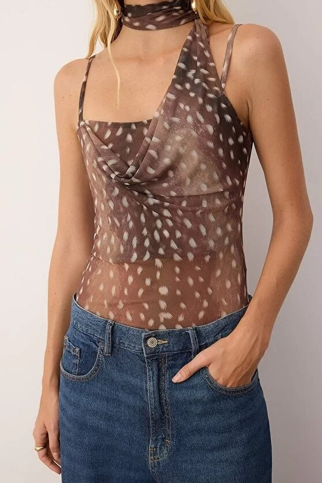 Animal Print Sleeveless Knitted Tulle Party Bodysuit