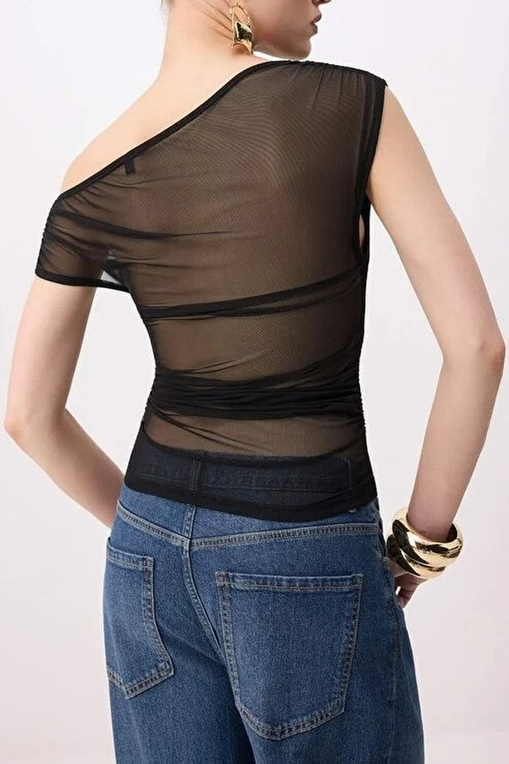 Lined Carmen Neck Knitted Tulle Party Blouse