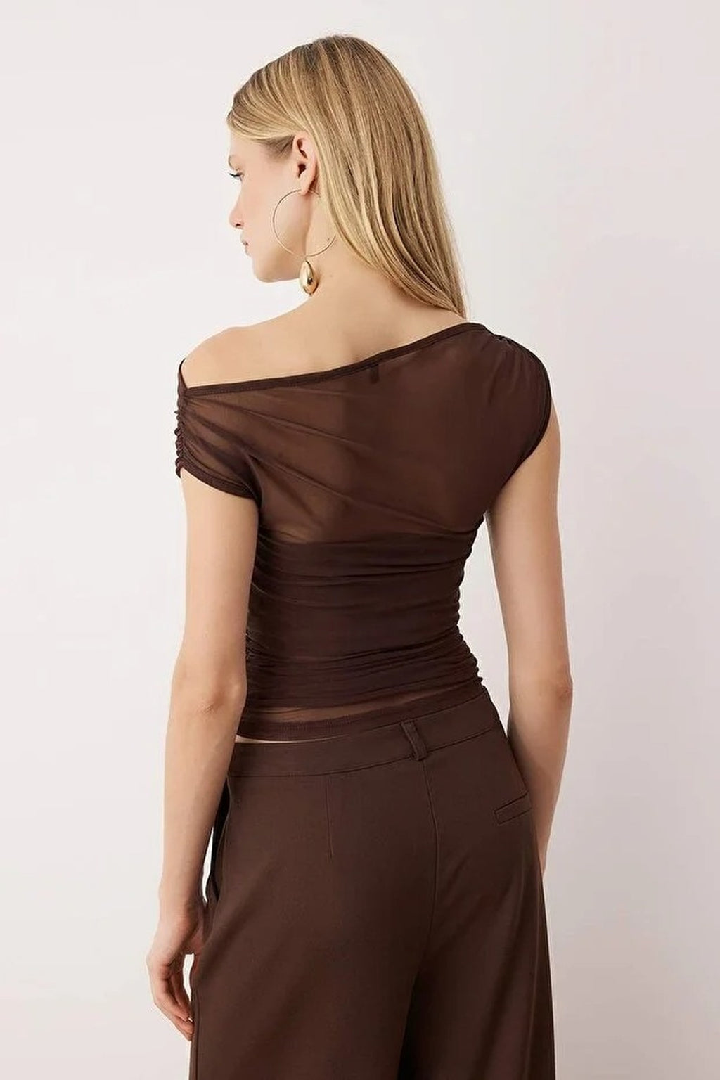 Lined Carmen Neck Knitted Tulle Party Blouse