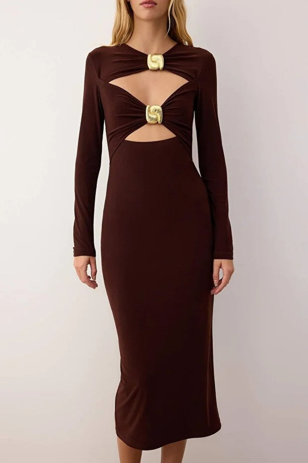 Cut-Out Detail Accessory Embellished Knitted Midi Lined Dress