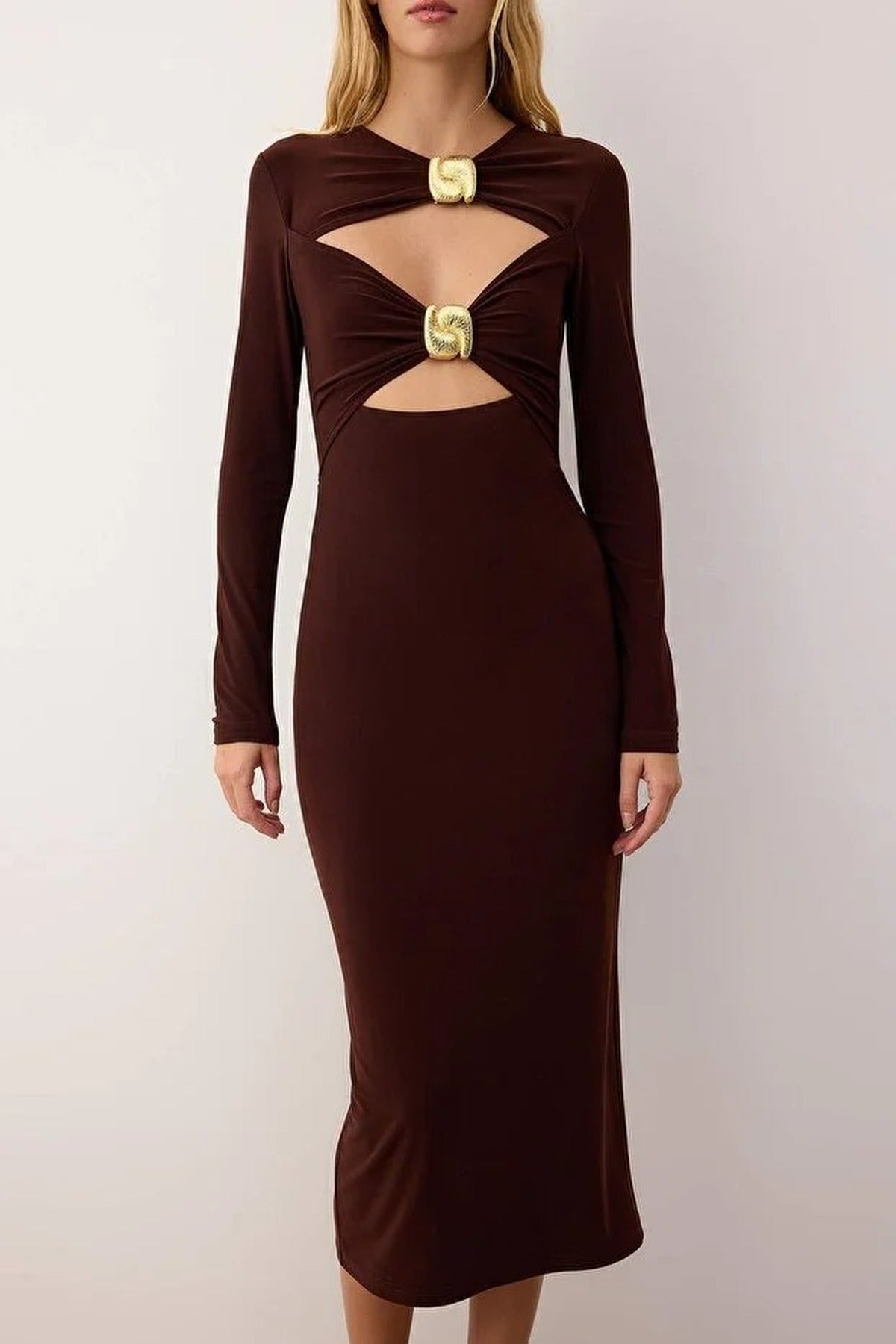 Cut-Out Detail Accessory Embellished Knitted Midi Lined Dress