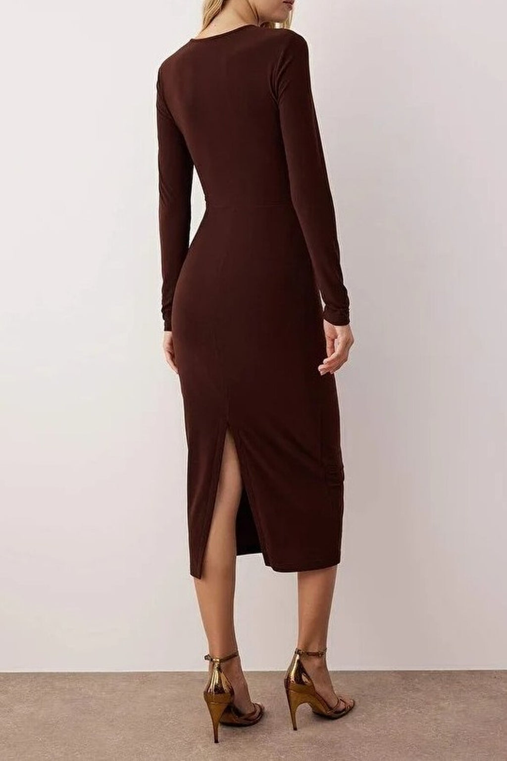 Cut-Out Detail Accessory Embellished Knitted Midi Lined Dress
