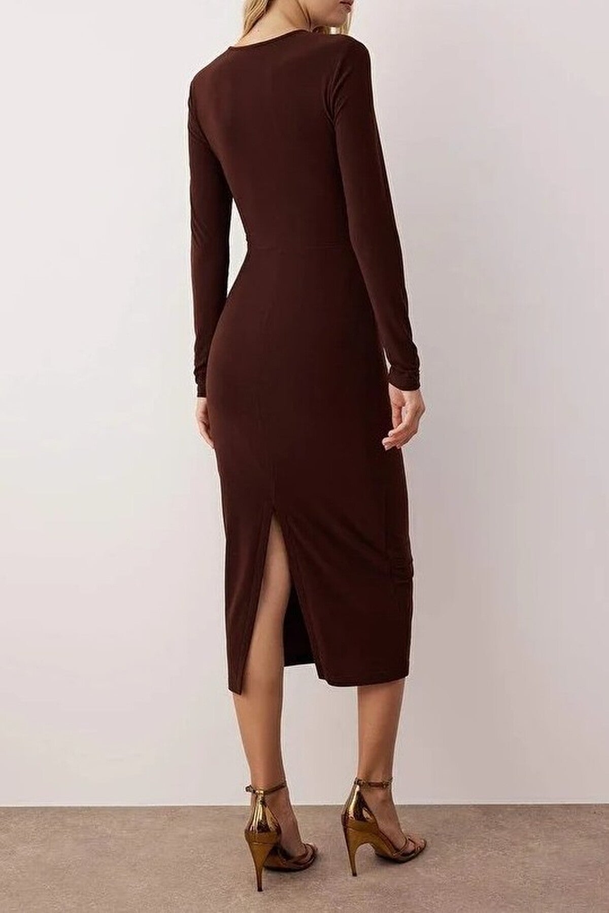 Cut-Out Detail Accessory Embellished Knitted Midi Lined Dress