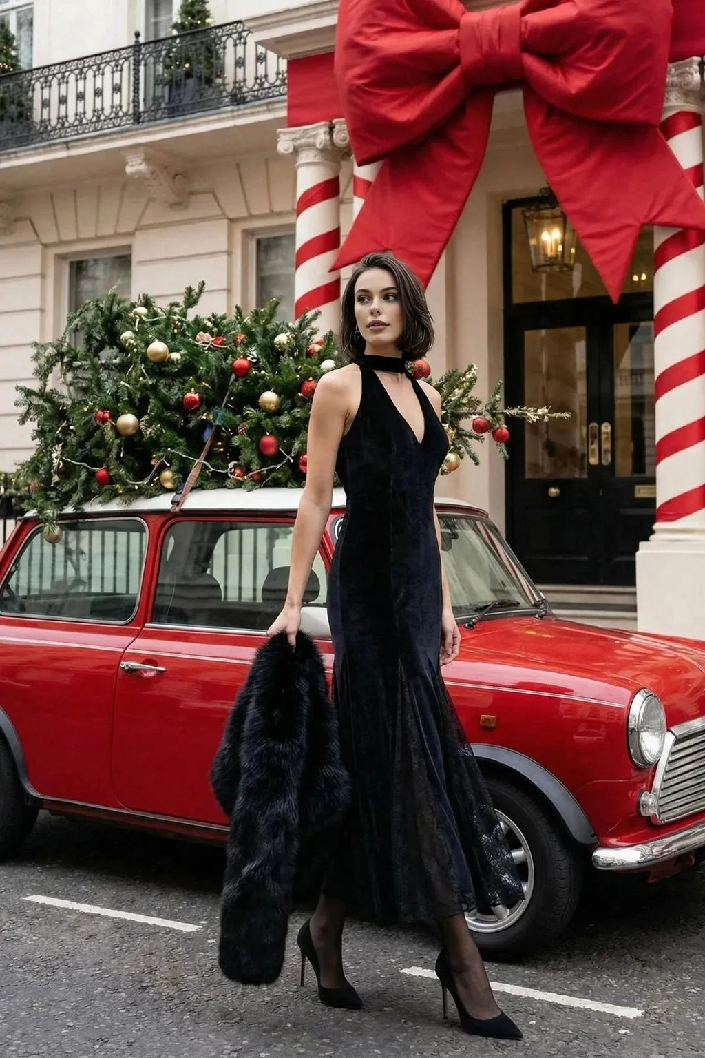 Lace Detail Knitted Velvet Maxi Dress Unlined