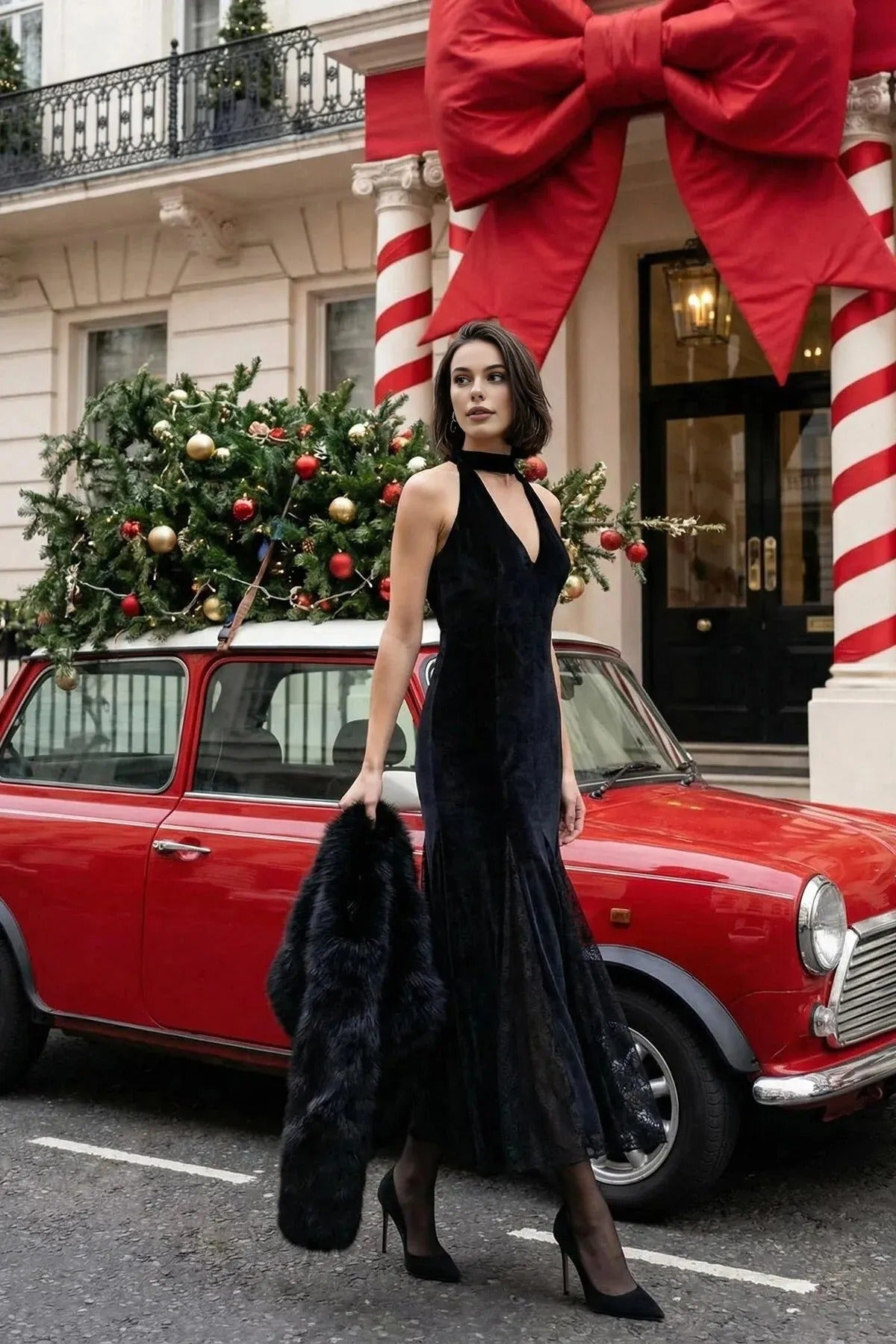 Lace Detail Knitted Velvet Maxi Dress Unlined