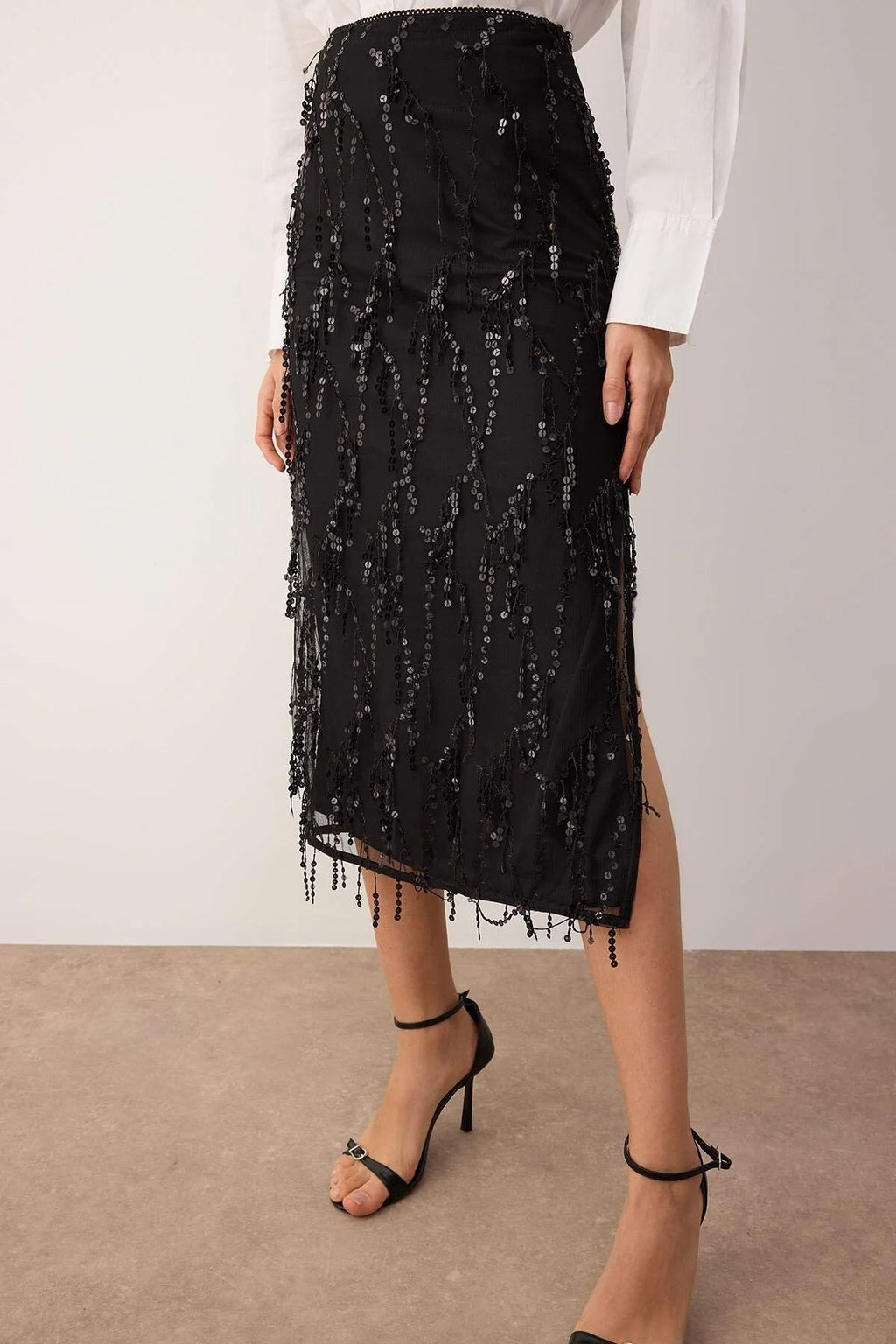 Sequin Fringe Detail Midi Skirt