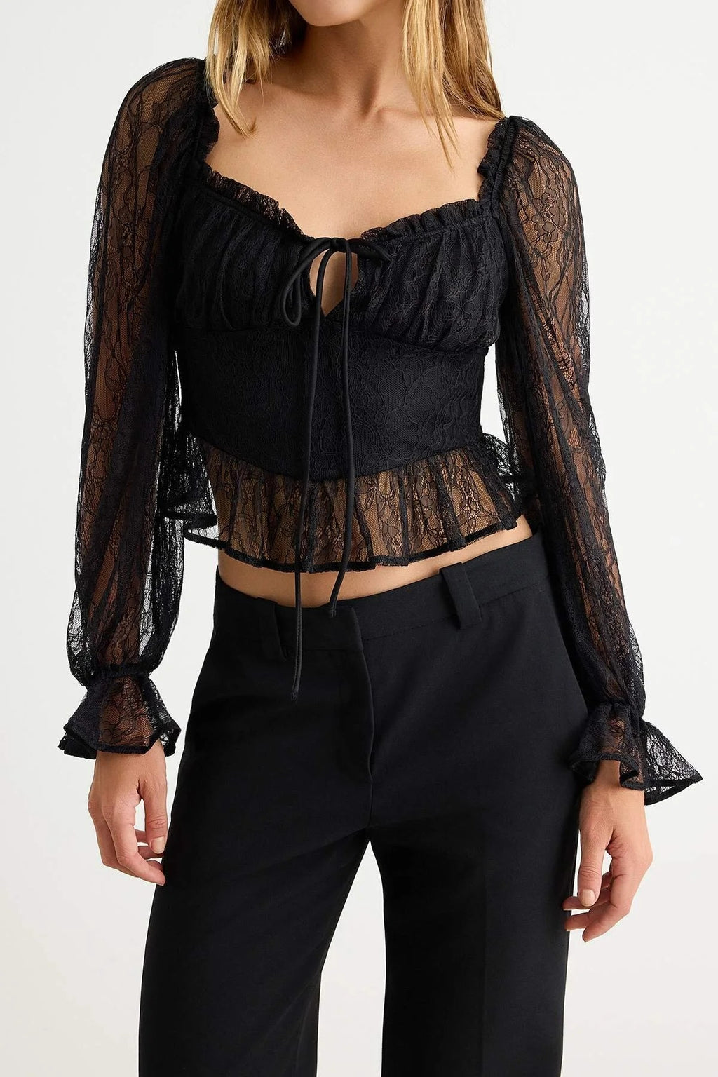 Sweetheart Neck Long Sleeve Sheer Lace Blouse