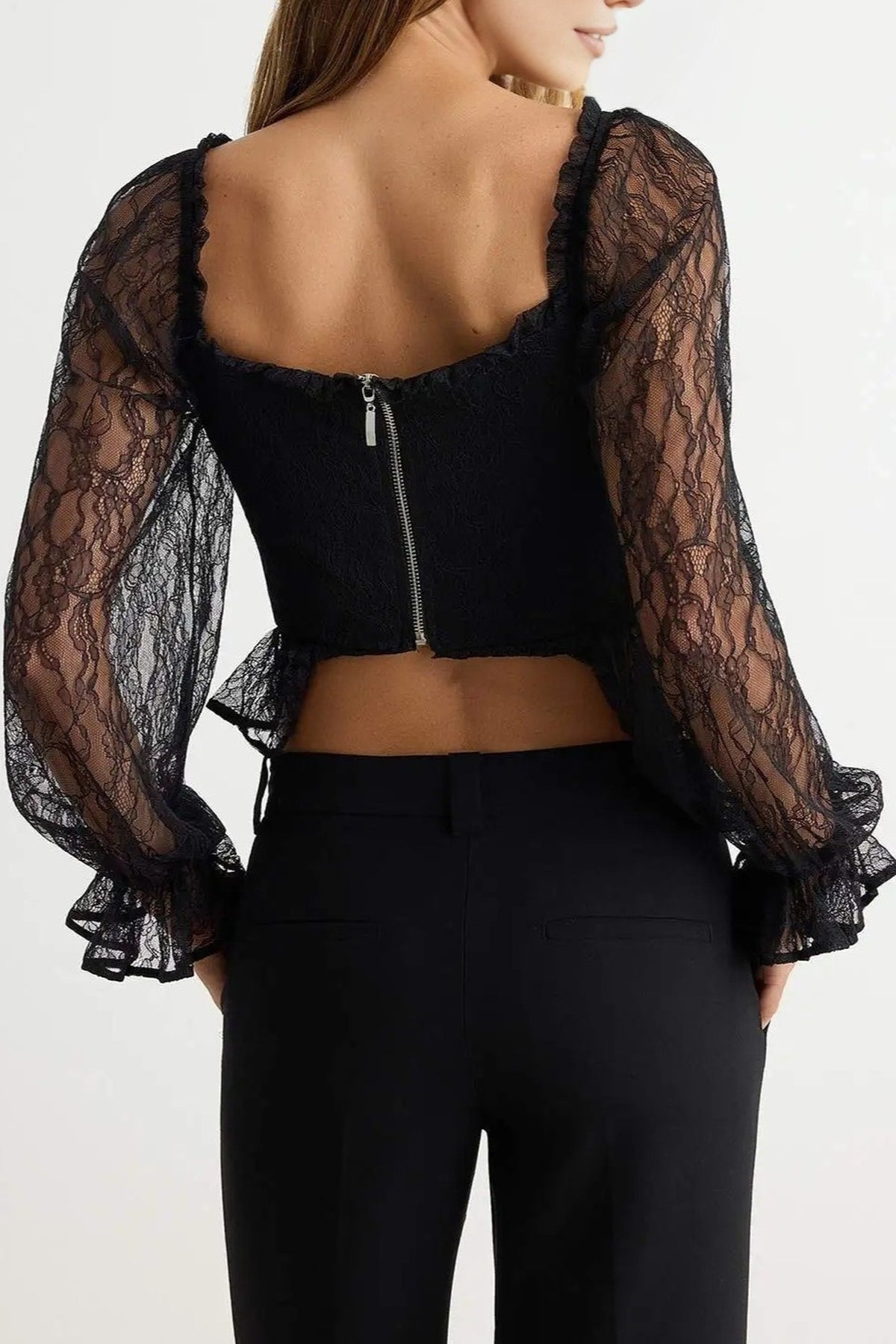 Sweetheart Neck Long Sleeve Sheer Lace Blouse
