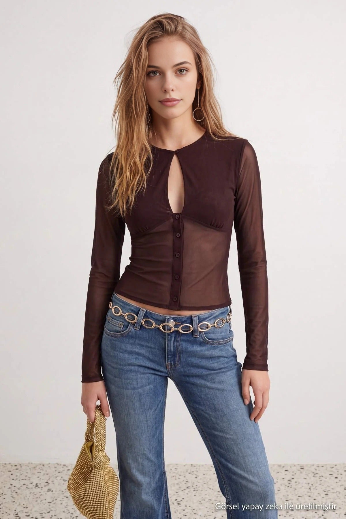 Teardrop Neck Button Front Long Sleeve Mesh Blouse