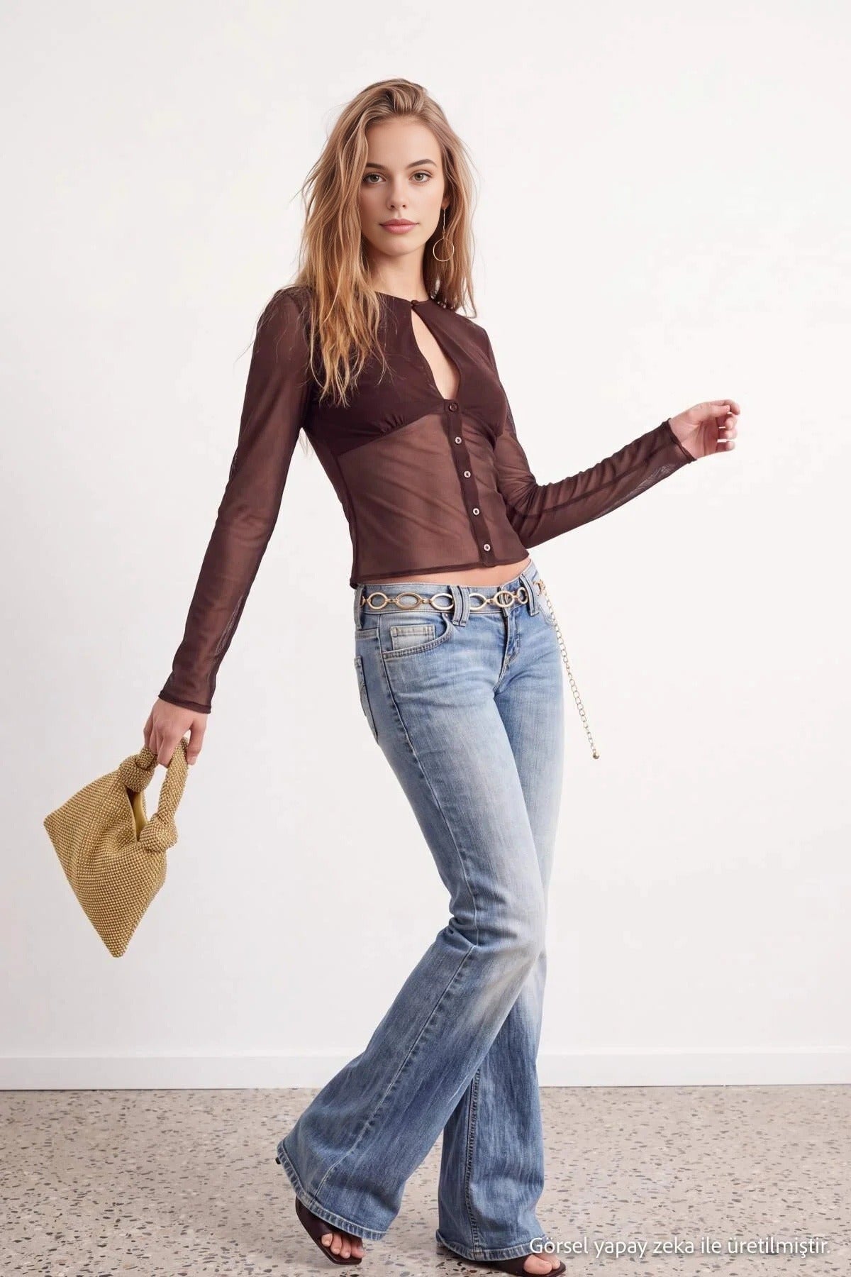 Teardrop Neck Button Front Long Sleeve Mesh Blouse