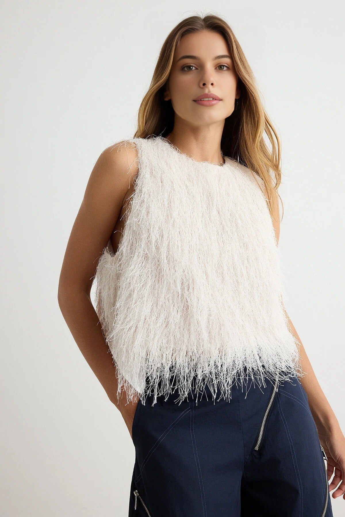 Sleeveless Shimmer Fringe Detail Oversized Blouse