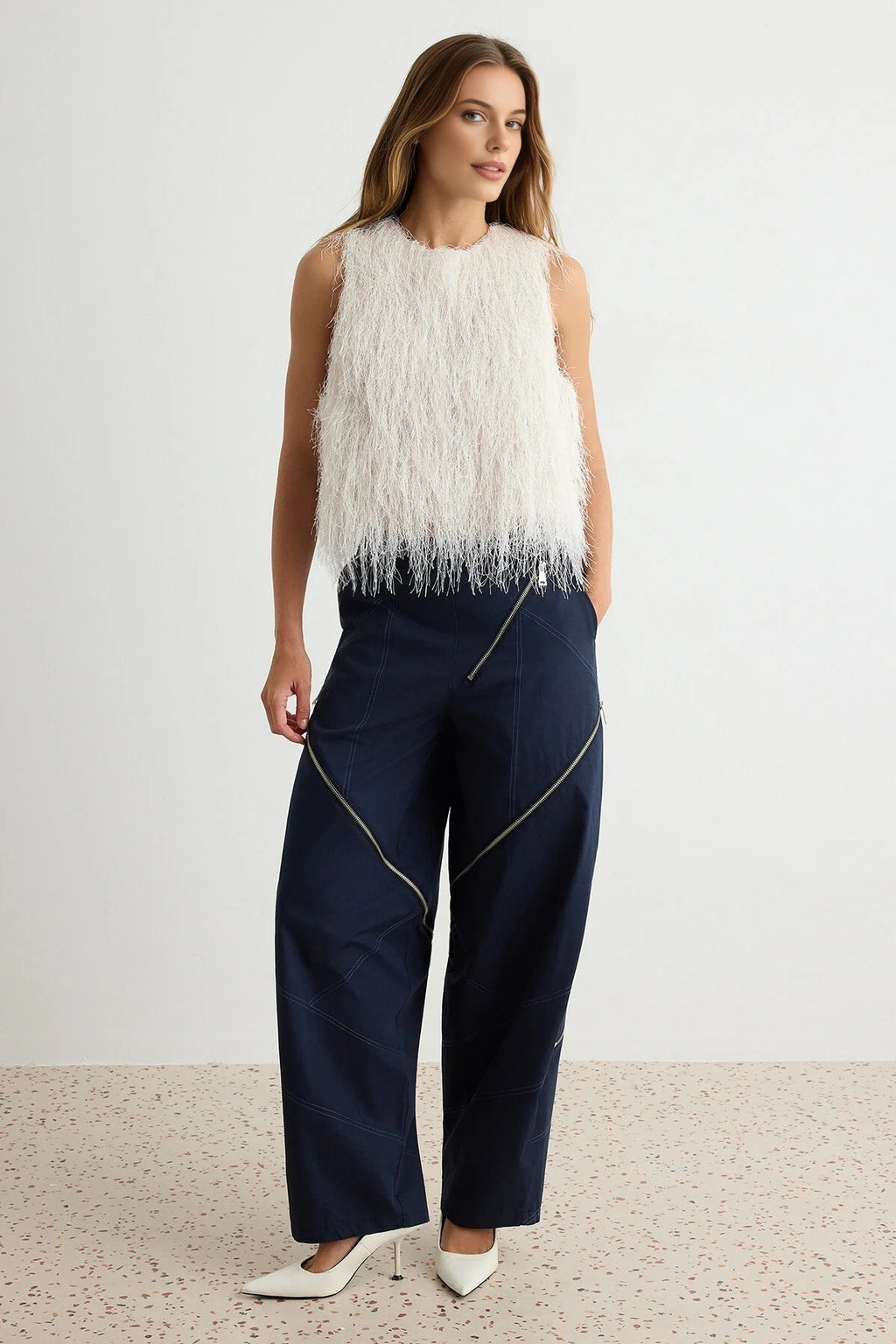 Sleeveless Shimmer Fringe Detail Oversized Blouse