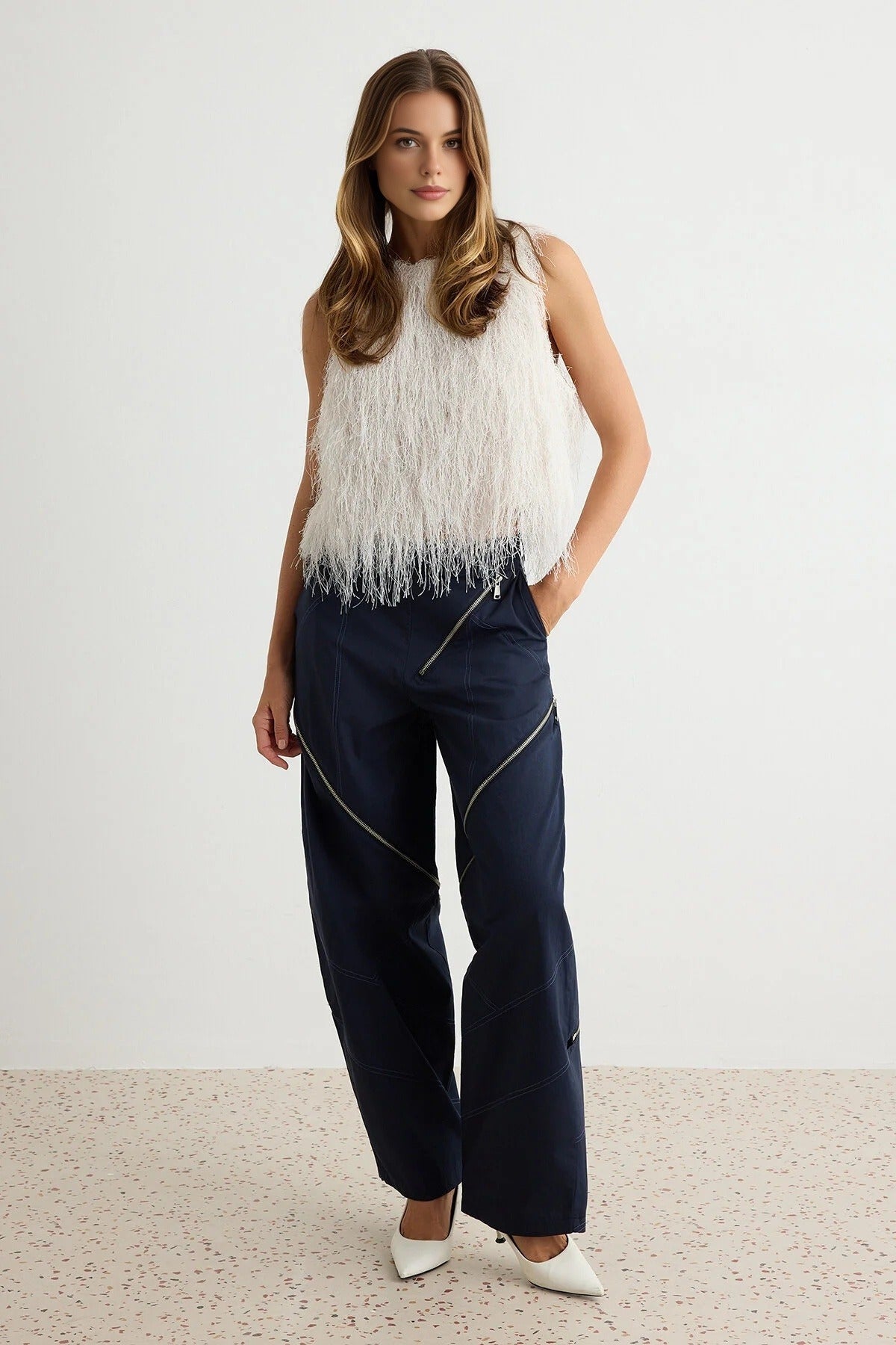 Sleeveless Shimmer Fringe Detail Oversized Blouse