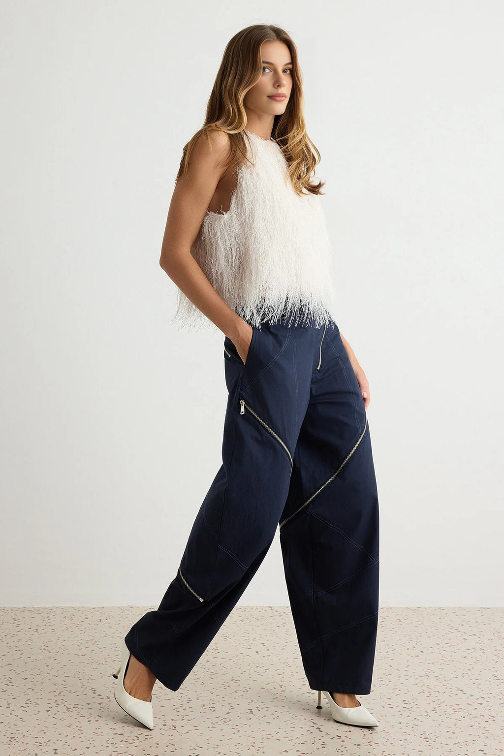 Sleeveless Shimmer Fringe Detail Oversized Blouse
