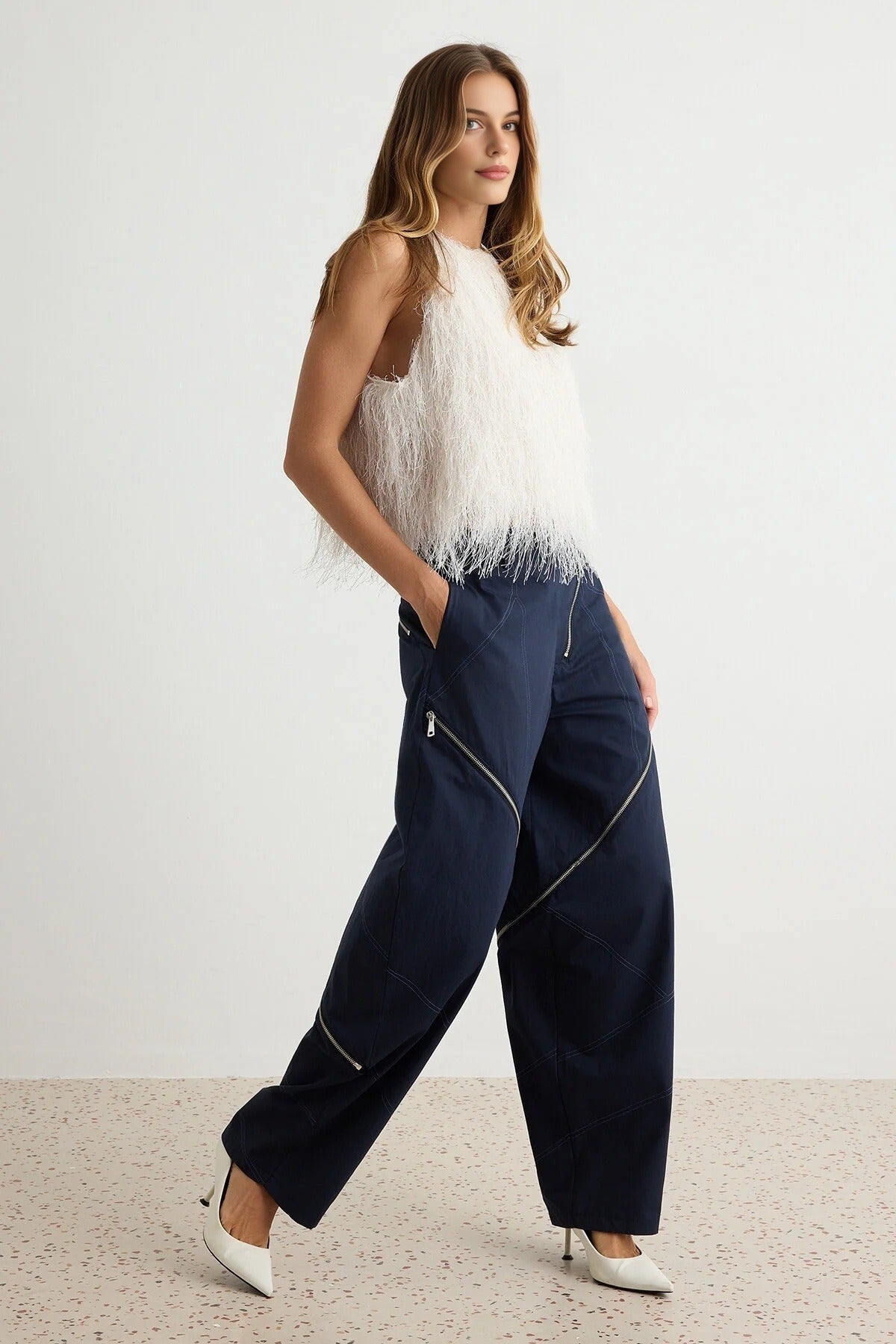 Sleeveless Shimmer Fringe Detail Oversized Blouse