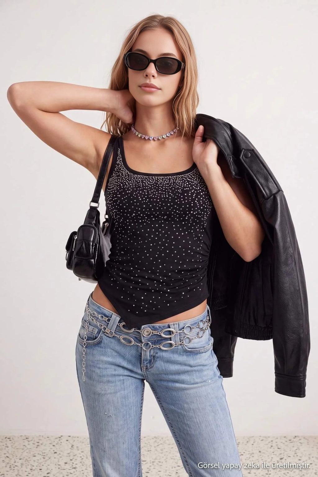 Square Neck Thick Strap Embellished Blouse