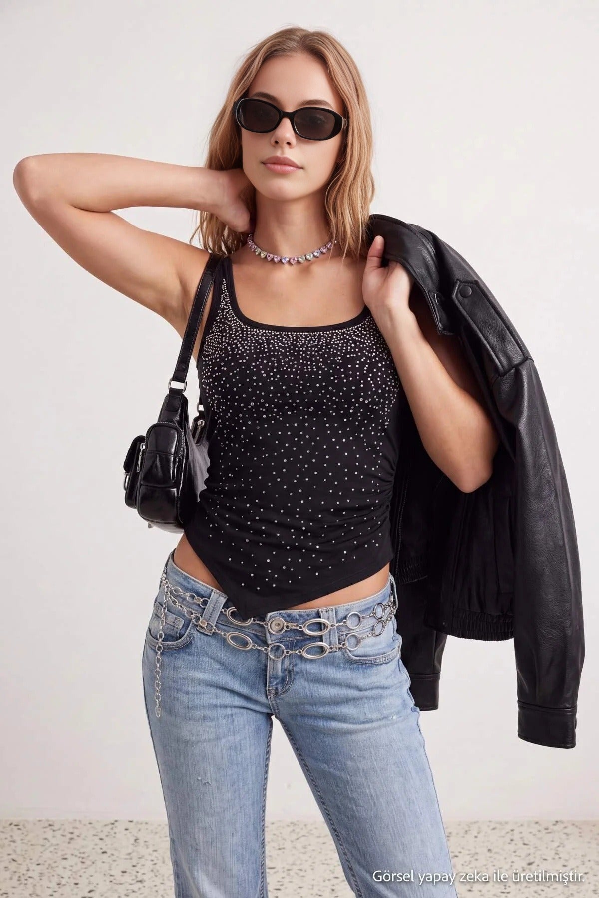 Square Neck Thick Strap Embellished Blouse