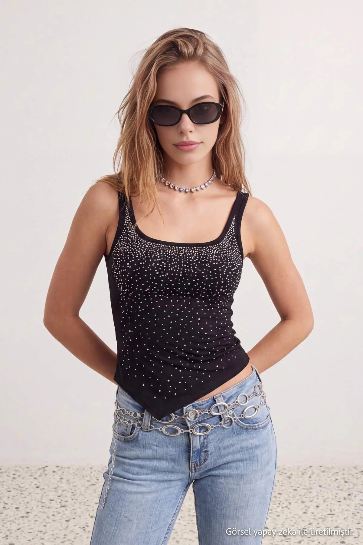Square Neck Thick Strap Embellished Blouse