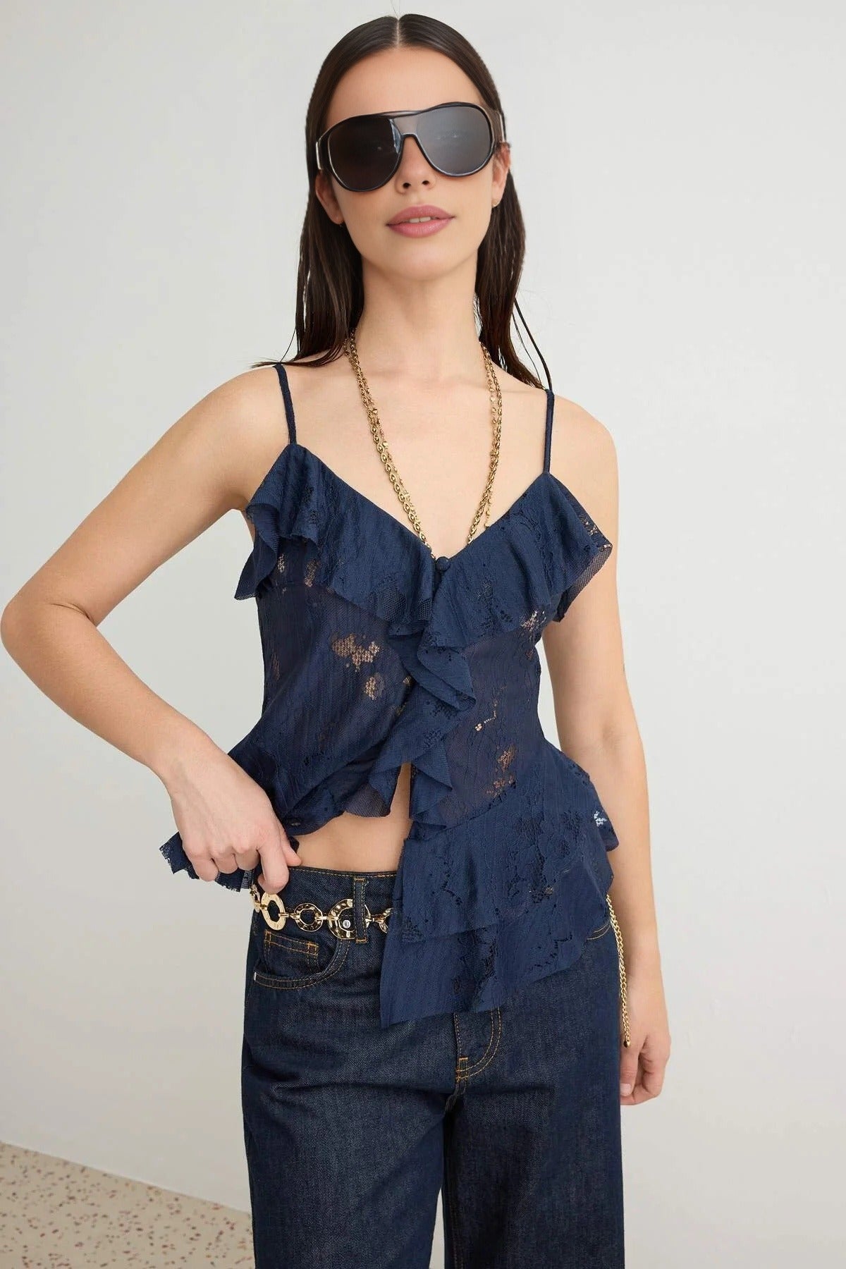 V Neck Sleeveless Lace Blouse