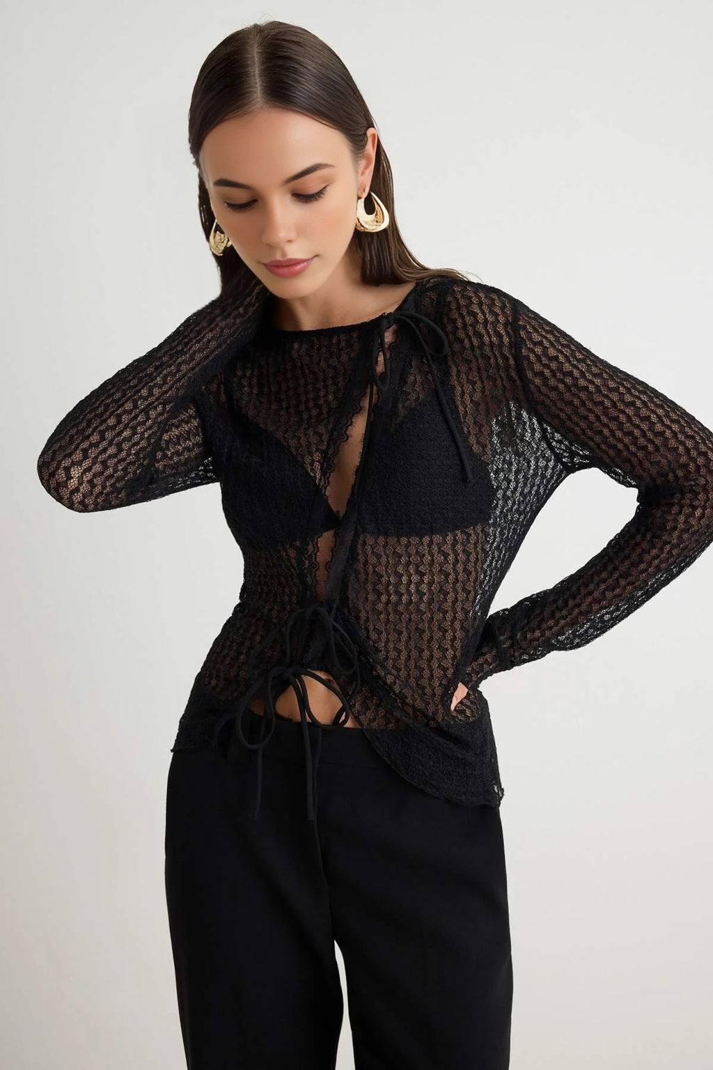 Asymmetric Tie Detail Long Sleeve Fitted Blouse