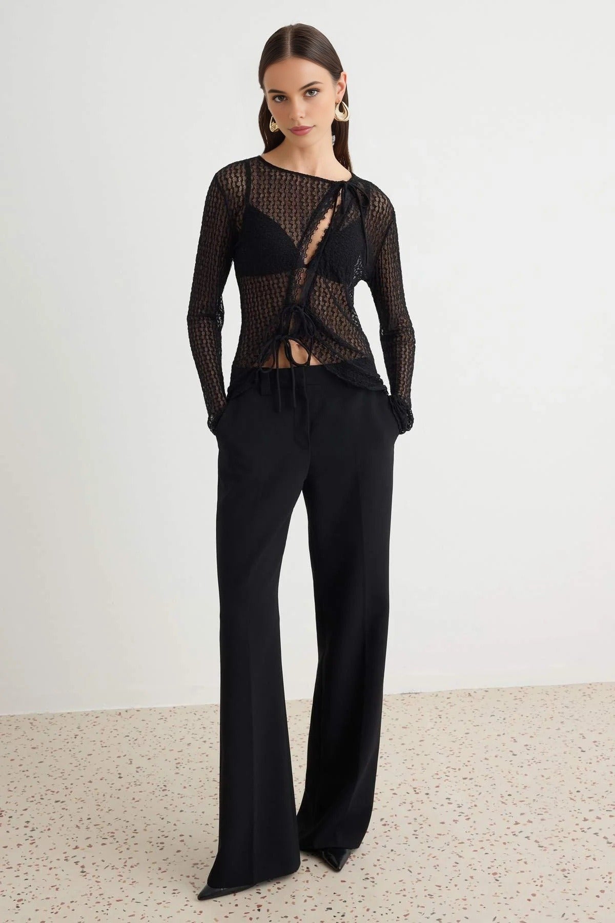Asymmetric Tie Detail Long Sleeve Fitted Blouse