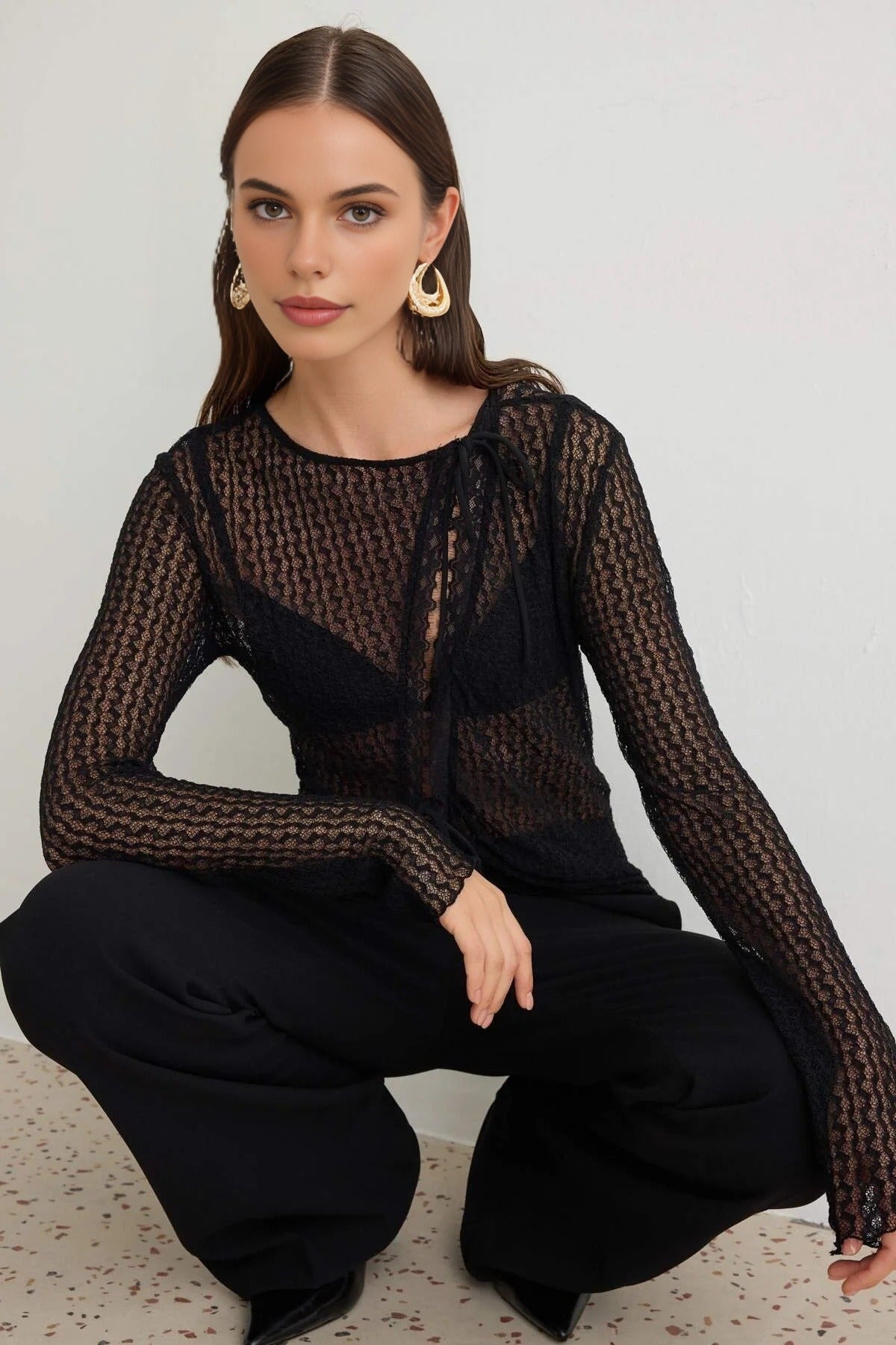 Asymmetric Tie Detail Long Sleeve Fitted Blouse