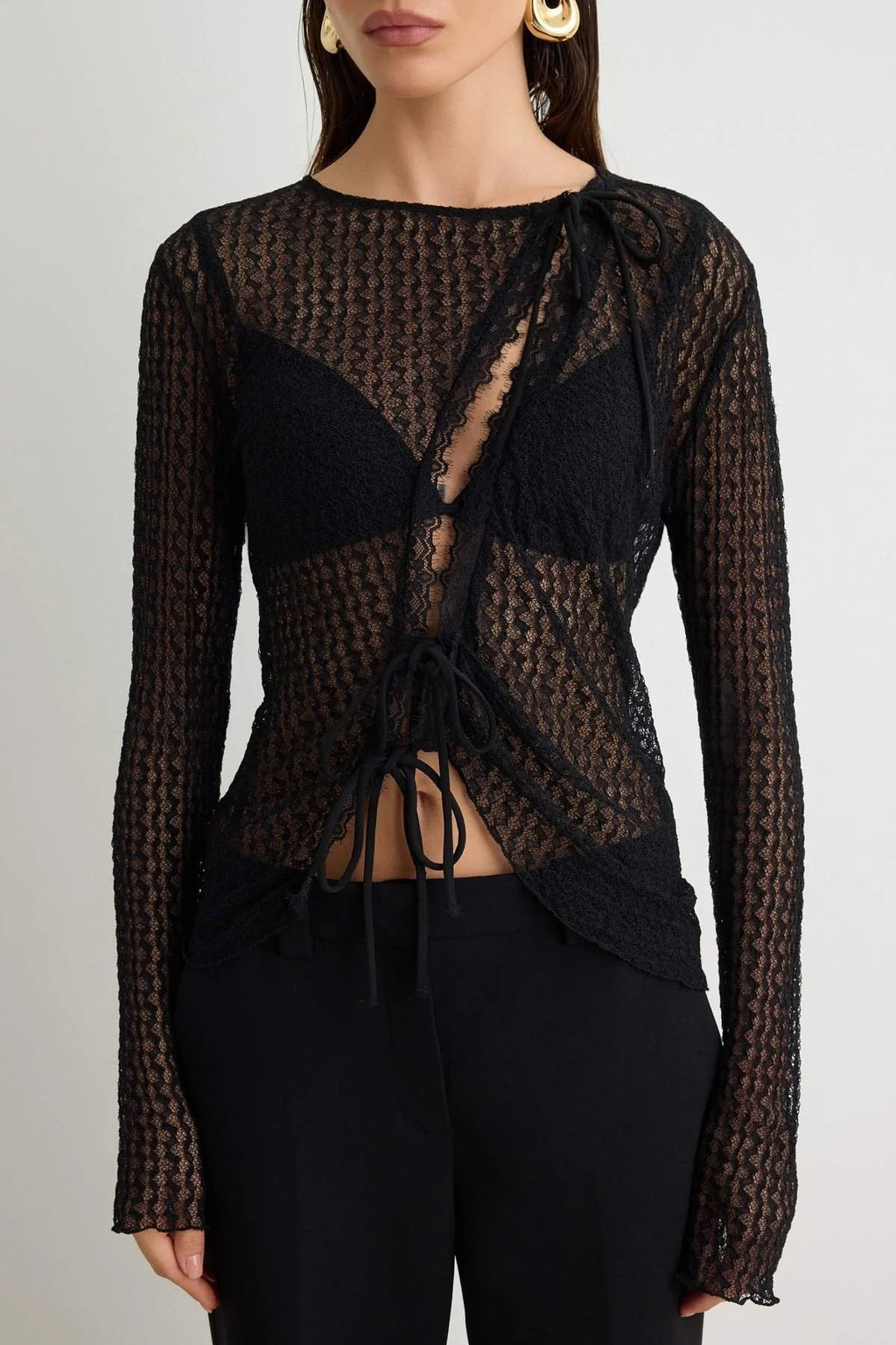 Asymmetric Tie Detail Long Sleeve Fitted Blouse