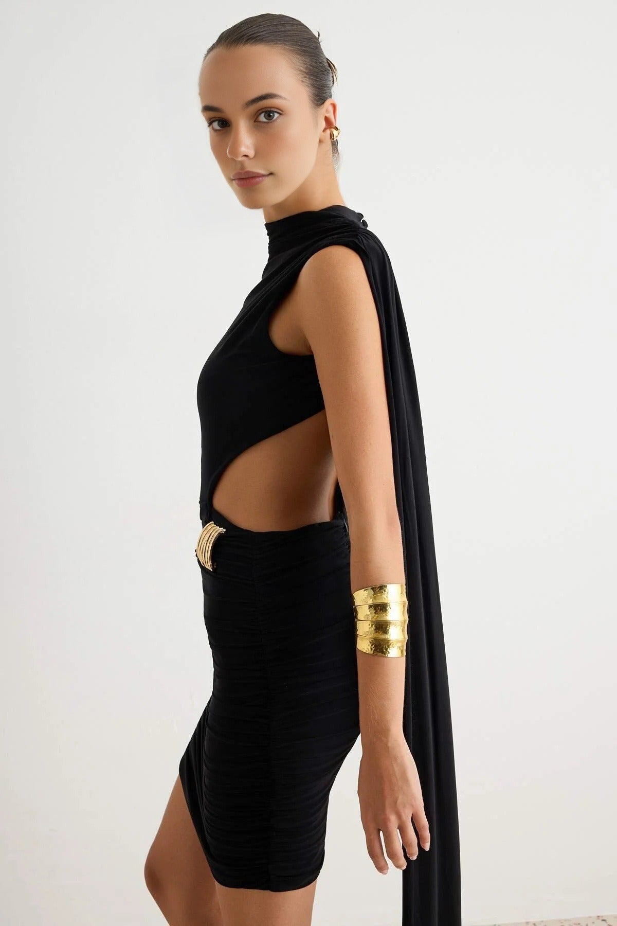 High Neck One Shoulder Cut Out Detail Bodycon Mini Dress