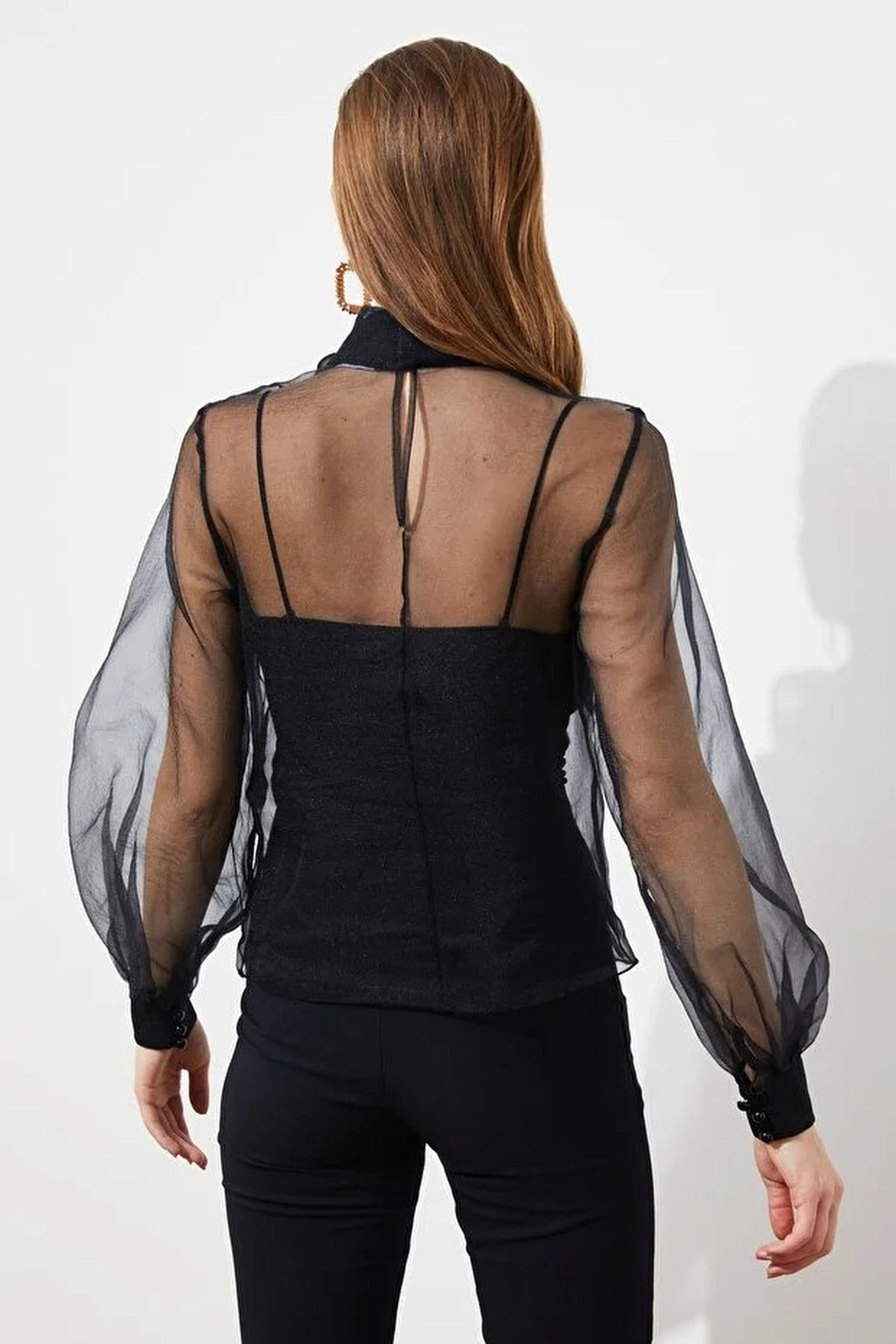 High Neck Long Sleeve Transparent Tulle Blouse
