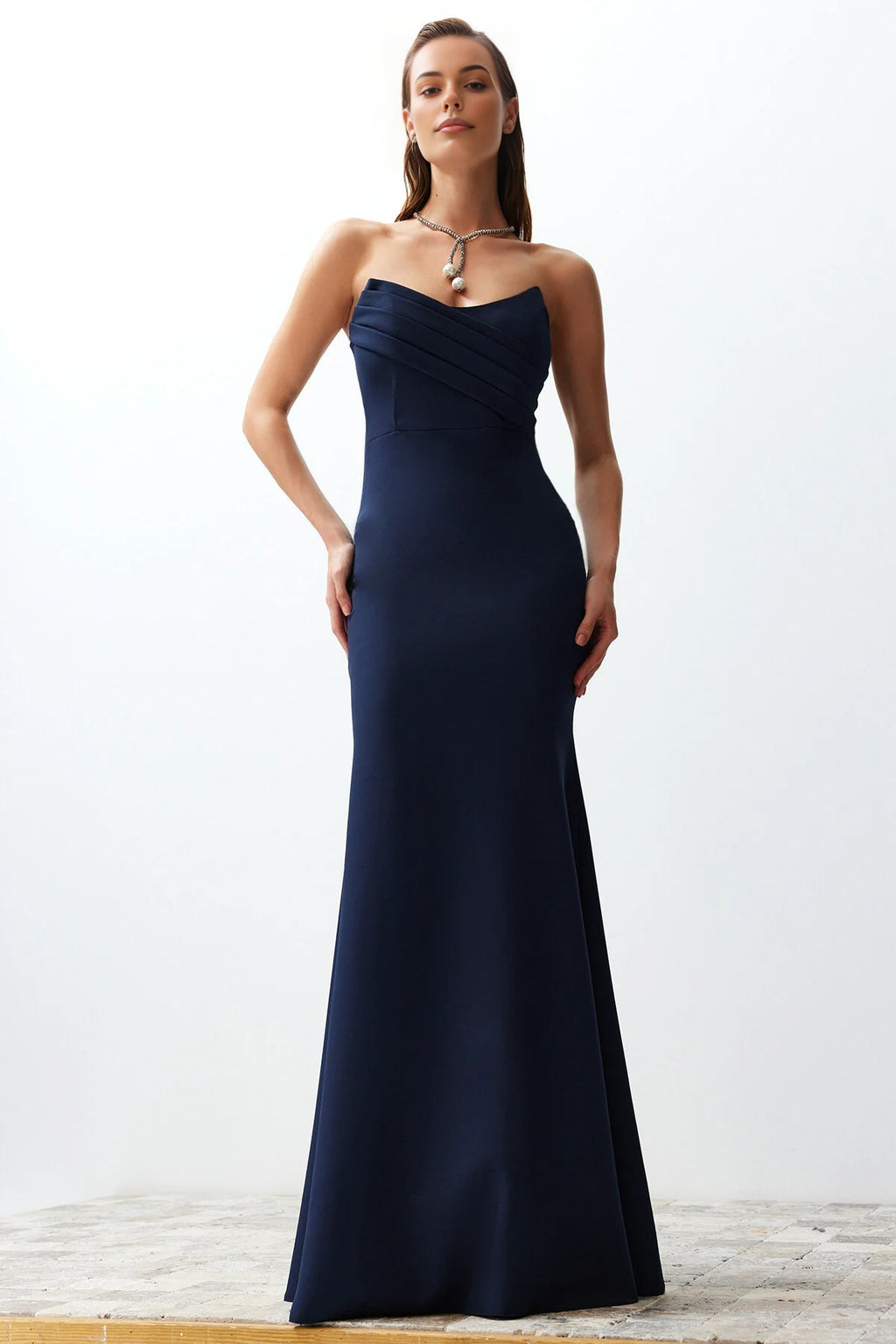 Collar Detail Woven Maxi Evening Dress