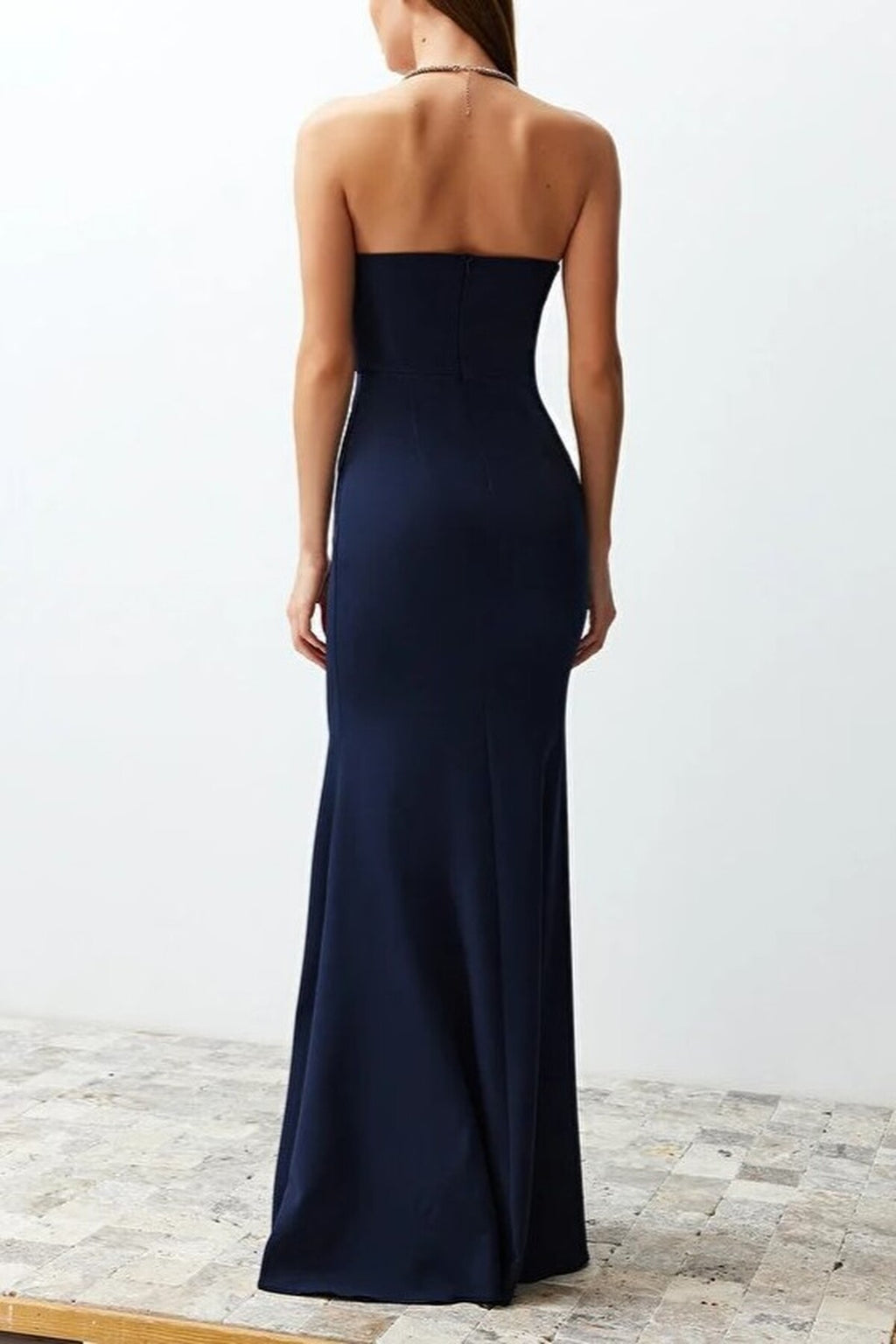 Collar Detail Woven Maxi Evening Dress