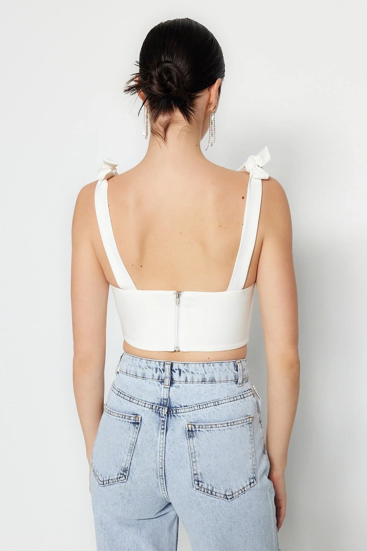 Square Neck Boned Crop Bustier with Bow Detail