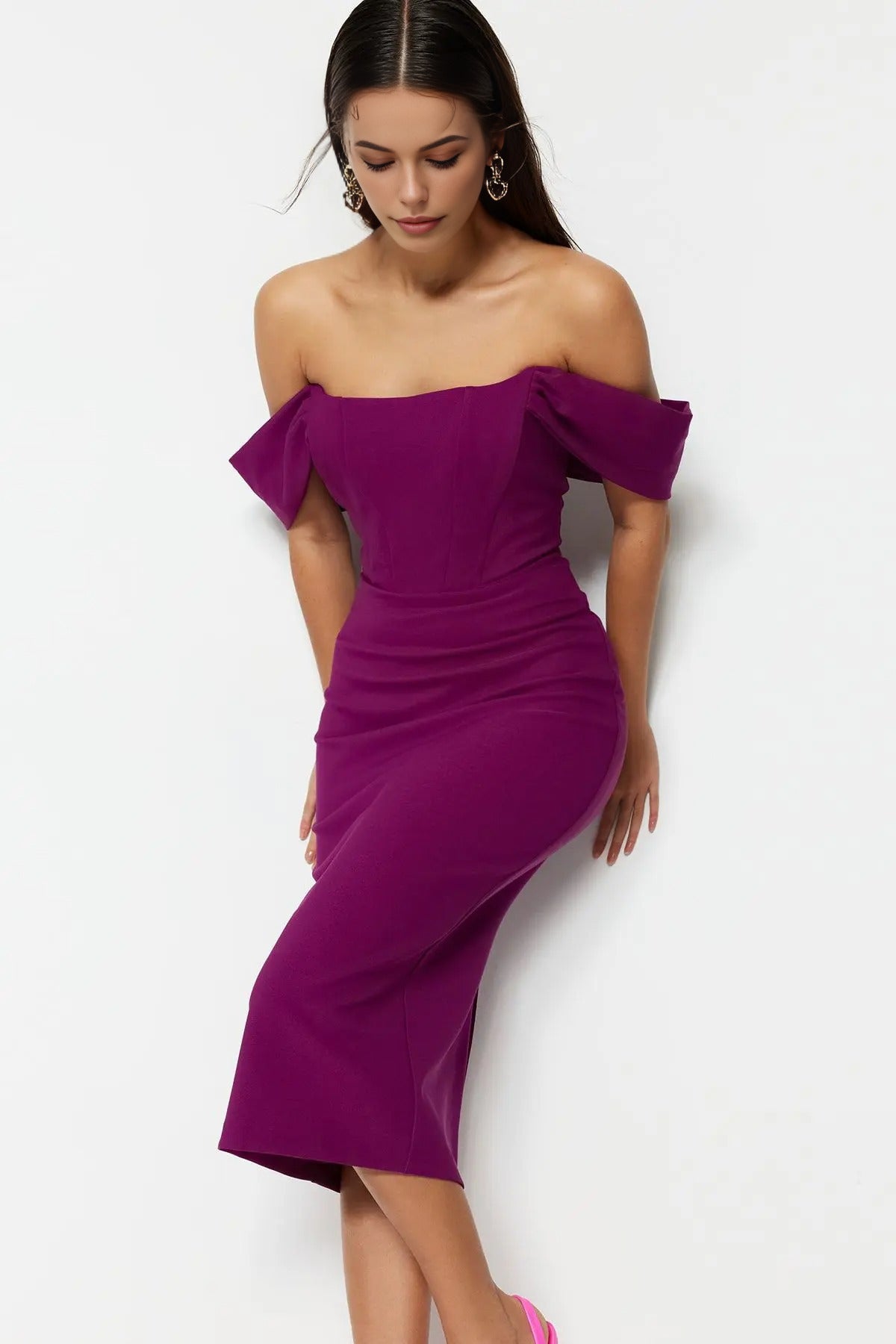 Corset Detail Woven Elegant Evening Dress