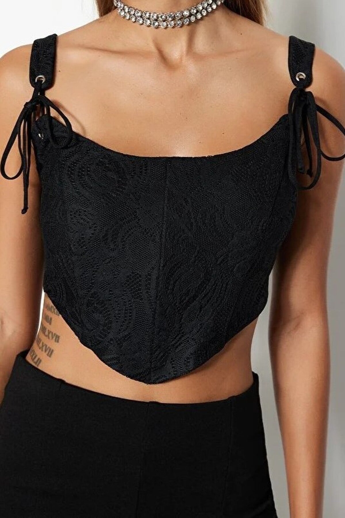 Crop Lined Corset Detail Knitted Lace Bustier