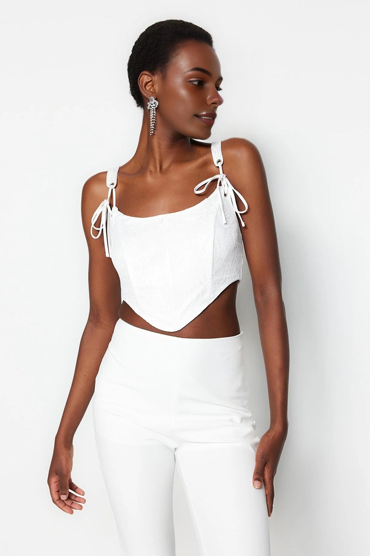 Crop Lined Corset Detail Knitted Lace Bustier